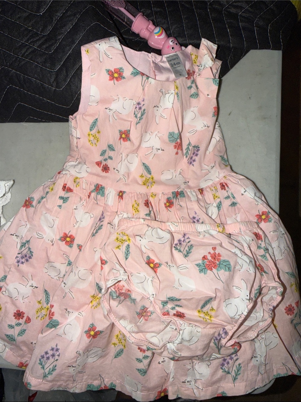Pink Floral Bunny Print Girls' Casual Dress with Bloomers